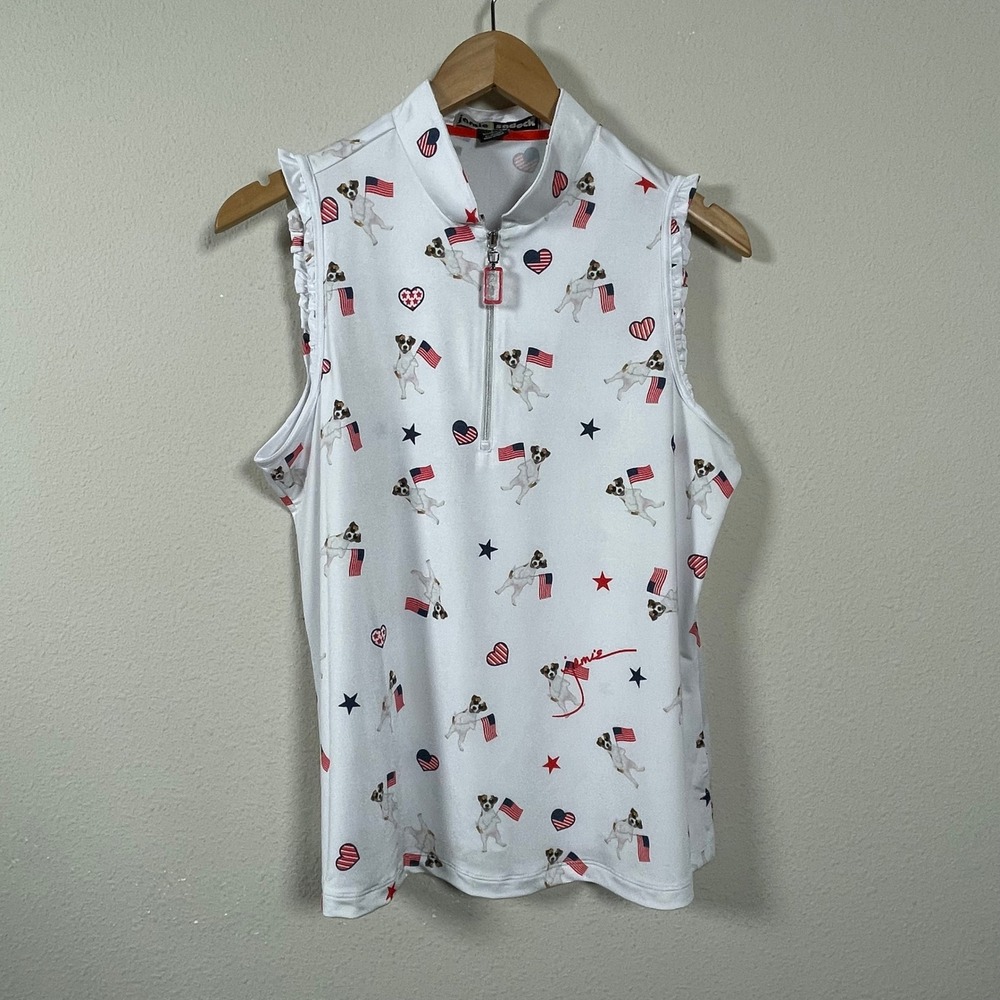 Jamie Sadock Sleeveless Golf Top Womens L White Patriotic Dog Print Mock Neck